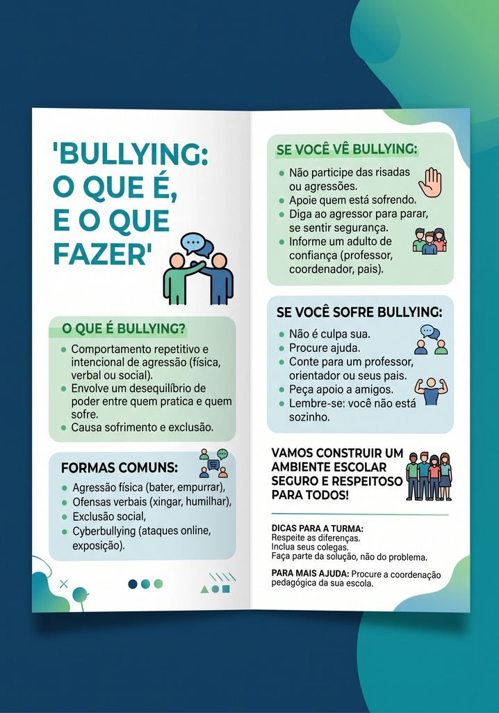 Panfleto dobrável “Bullying: o que é, e o que fazer“ com as formas comuns, o que fazer se você vê ou sofre bullying e dicas para a turma