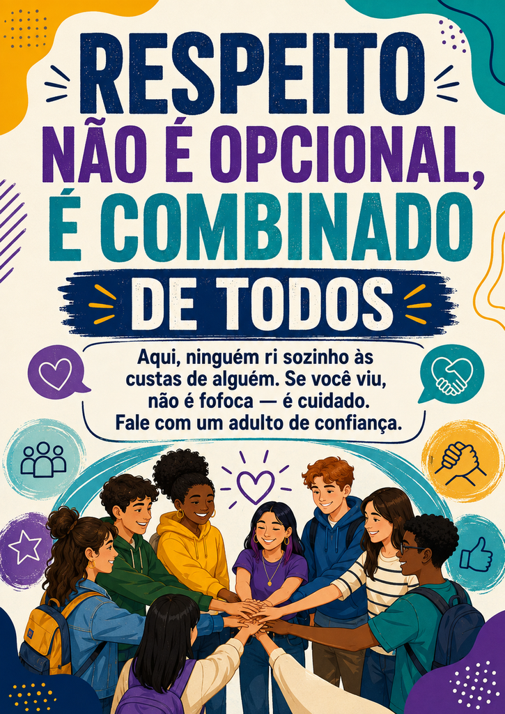 Cartaz colorido com o título “Respeito não é opcional, é combinado de todos“, mensagem de que ninguém ri sozinho às custas de alguém e adolescentes de mãos unidas em roda